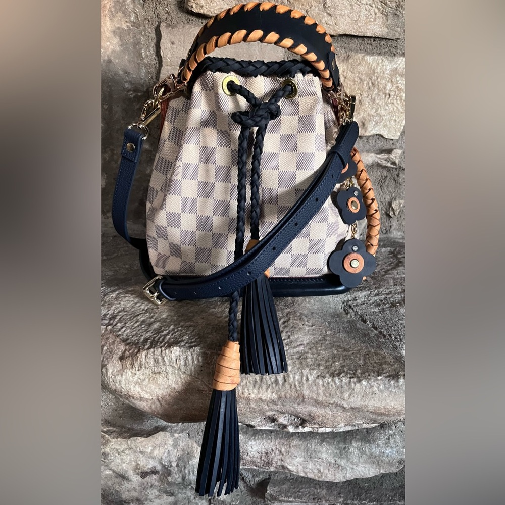 💙🤎🤍Custom Boho Fringe Louis Vuitton Damier Azur Noe bb🤍🤎💙